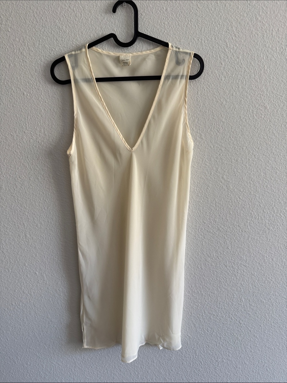 Calvin Klein Sheer Cream V-Neck Sleeveless Slip Dress Sz S